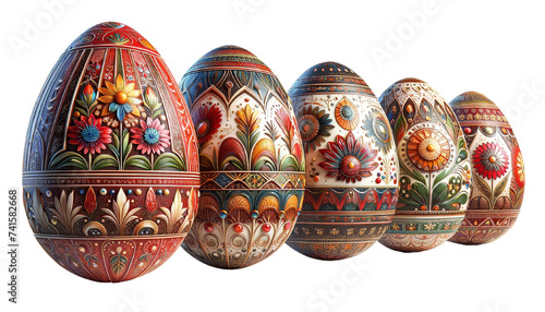 Variety of decorative Easter eggs with ornate floral designs and vibrant colors on a black background. Easter and springtime celebration theme for posters, banners, and textile design.