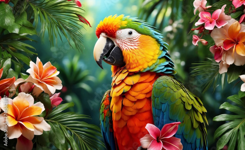 Colorful parrot on a branch with tropical flowers on palm green leaves background. AI generated