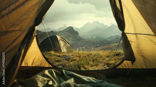 Camping tent close up concept of traveling while crossing landscape.