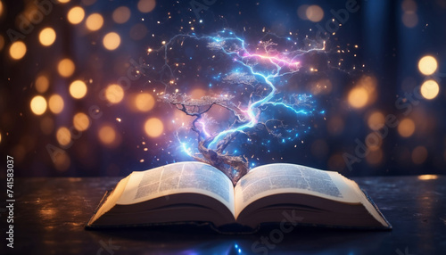 Open sacred book with glowing lights. AI generated © Mystery