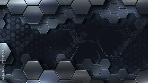 Dark metallic futuristic composition with hexagonal structures.