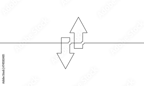 Continuous line drawing of arrow pointing up and down. Illustration vector of two direction arrow. Single line art of business icon outline. Object one line