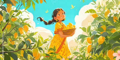  Indian girl in traditional saree with basket of mangoes in garden. Holiday and cultural concept. Image for festive poster, greeting card, or invitation. Banner with copy space