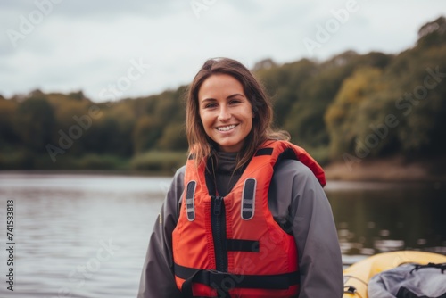 Beautiful young woman in a red life jacket standing on the bank of a lake and smiling © Nerea