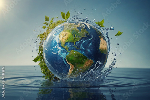 Ecology concept. Earth planet in water with green sprouts.