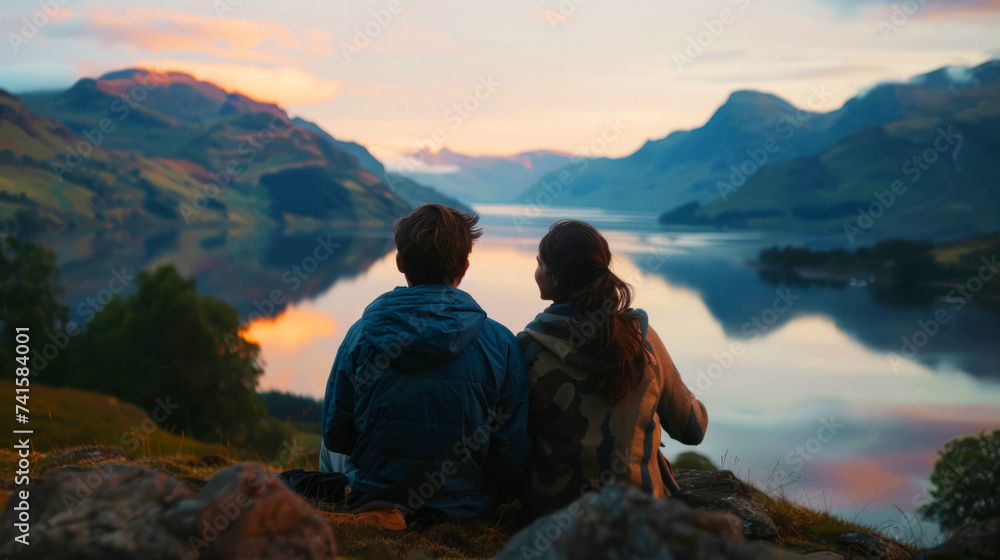 Fototapeta premium A couple sits closely together, enjoying a tranquil sunset over a calm mountain lake.