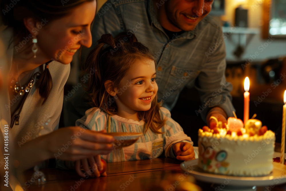 A family gathers around a young girl, celebrating her birthday with a brightly lit cake and warm smiles. A family gathers around a young girl, celebrating her birthday with a brightly lit cake and warm smiles.