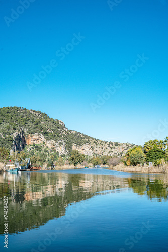 Scenic views from Kaunos and Dalyan, a city of ancient Caria, west of the modern town of Dalyan and The Calbys river ( Dalyan river) which was the border between Caria and Lycia in Muğla, Turkey photo