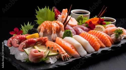 Close-up of a plate of fresh seafood, sushi, soy sauce, lemon and herbs on a black background. Japanese and Chinese Cuisine, Food in Restaurants and cafes concepts.