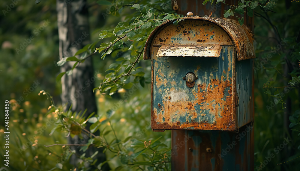An old mailbox - worn by time - stands as a beacon of hope for awaited letters and long-lost connections  - wide format