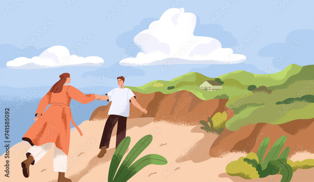 Love couple walking in nature. Happy free man and woman at sea coast. Romantic date, stroll at countryside. Calm peaceful rural landscape with grass, water and people. Flat vector illustration - obrazy, fototapety, plakaty 