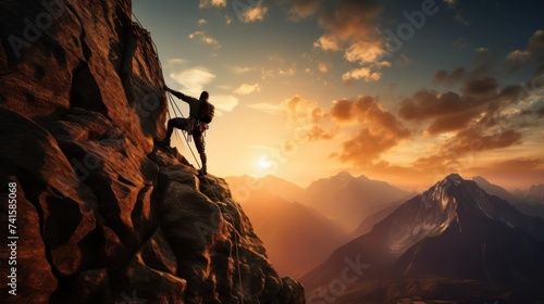 Black silhouette of a climber on a cliff rock with mountains landscape and sunset sunrise as a background. Active extreme sports time spending concept.