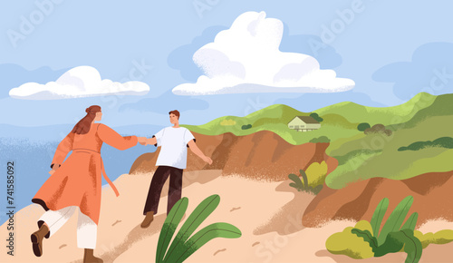 Love couple walking in nature. Happy free man and woman at sea coast. Romantic date, stroll at countryside. Calm peaceful rural landscape with grass, water and people. Flat vector illustration