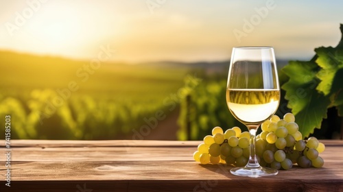 Golden Hour Reflection in a Glass of White Wine at a Vineyard