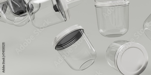 Glass Jar Mockup with silver metal screw lid - Multiple Floating jars. Glass Jar. 3D Illustration photo