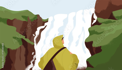 Character travel in nature, looking at waterfall. Man explorer, hiker tourist in peace, calm tranquil serene landscape. Adventure, freedom, serenity, psychology concept. Flat vector illustration