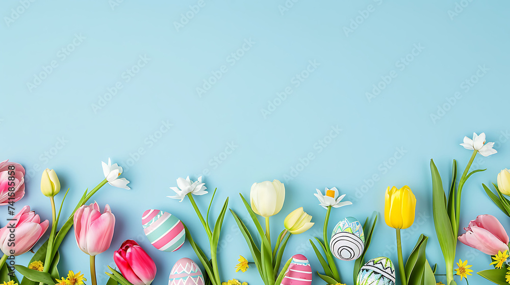 Happy Easter concept border made of tulips spring flowers and colorful Easter eggs on light blue background Happy Easter concept border made of tulips spring flowers and colorful Easter eggs on light blue background