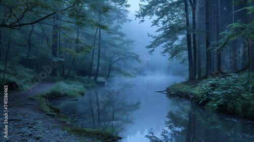 Serene landscapes of a foggy forest at dawn  A mystical scene of a coniferous forest blanketed in thick fog  with the tree outlines softly emerging through the mist.