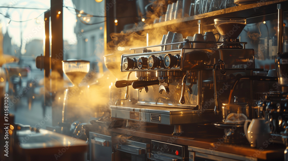 Steam rises from a professional espresso machine as it brews fresh coffee in a cozy cafe atmosphere bathed in warm light.