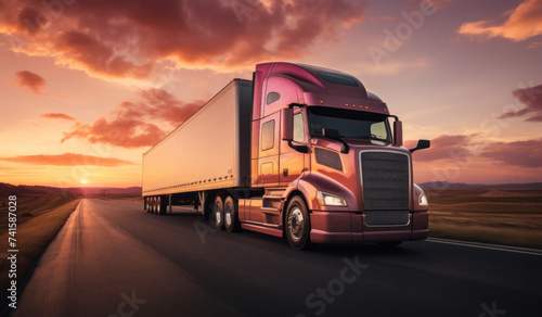 The truck is on the highway at sunset, generative AI