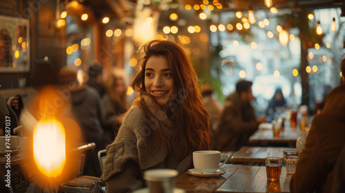 A young woman with a radiant smile enjoys a cup of coffee in a warm, inviting cafe with ambient lighting.