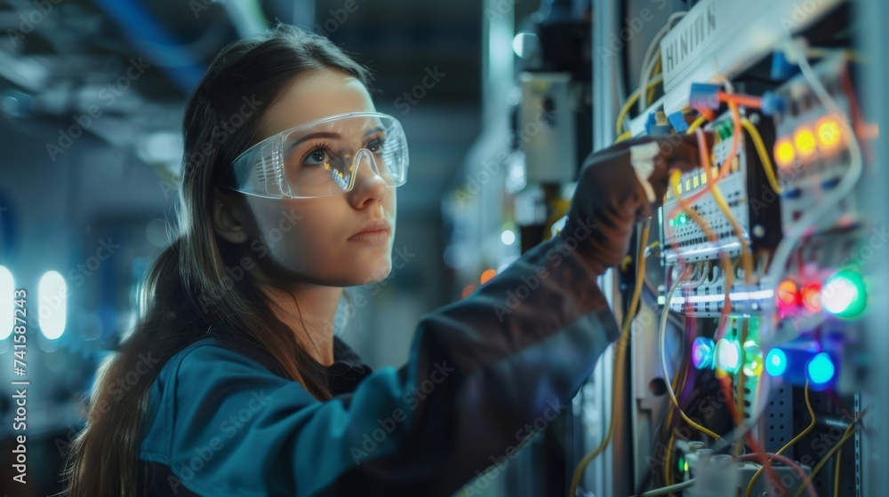 A determined woman dons protective gear as she crafts intricate works of art with precision and focus, her glasses reflecting the intensity in her human face