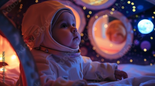 A curious woman gazes in awe at the tiny human face peeking out from within a miniature space suit, bathed in the soft light of an indoor room photo