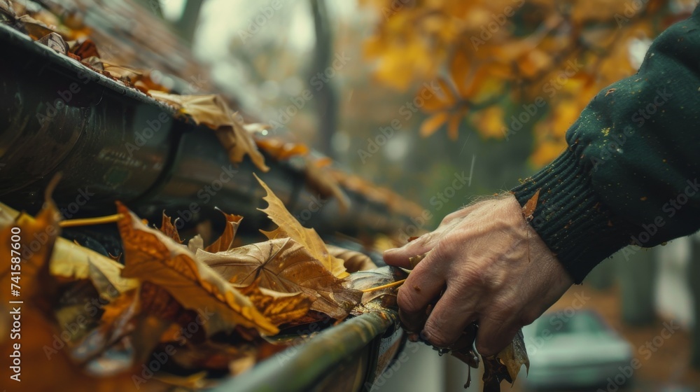 Obraz premium A person's hand gently grasps a leaf-strewn gutter, the crisp autumn air enveloping them as they stand among the vibrant fall trees, their clothing a reflection of the changing season