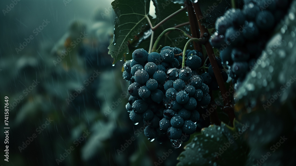Glistening droplets of rain on clusters of ripe grapes hanging from the vine, illuminated by the gentle light of early dawn. - obrazy, fototapety, plakaty 