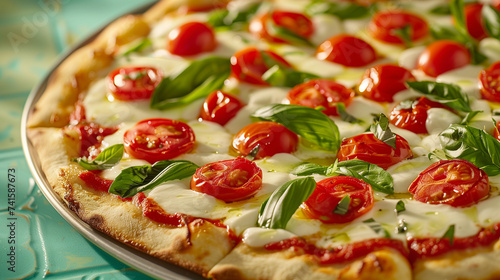 A handcrafted Italian pizza, Close-up of a Margherita pizza highlighting the fresh basil, melted mozzarella, and ripe cherry tomatoes.