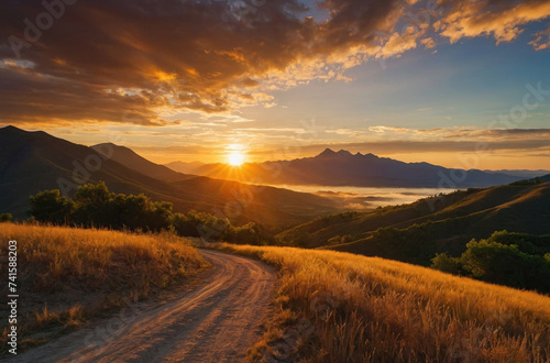 sunset in the mountains and dirt road