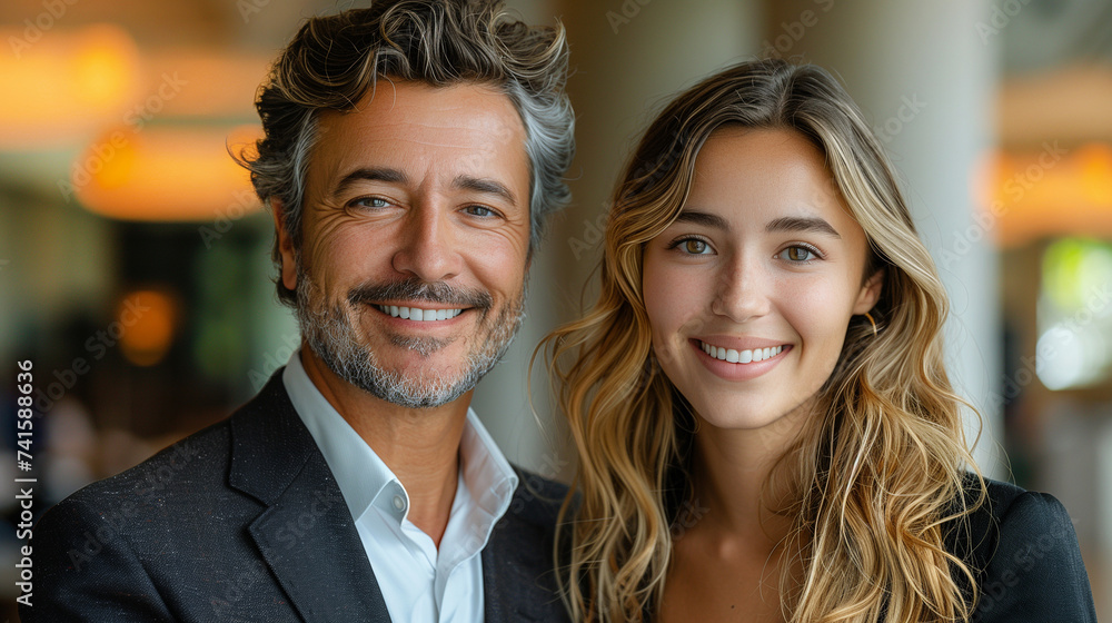 Friendly and professional business pair in a high-key studio, modern office ambiance, smiling confidently. Friendly and professional business pair in a high-key studio, modern office ambiance, smiling confidently.