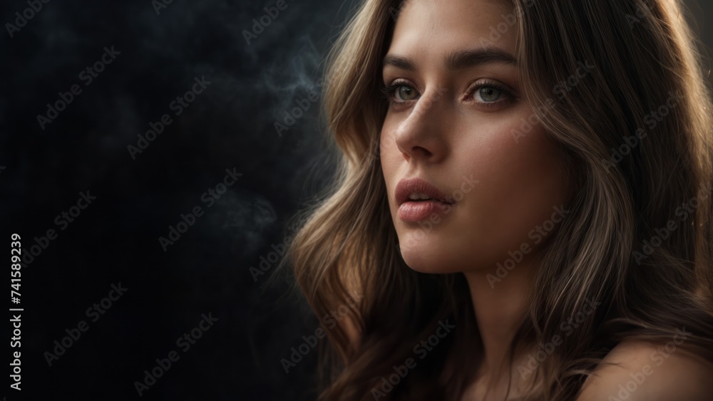 Beautiful girl with smoke on black background, closeup