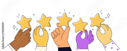 Online feedback or review. Concept outline illustrations set. Characters hands giving five star rating and leaving positive customer experience. Vector illustration.