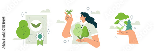 Sustainable development concept illustration. Character showing benefits of planting trees and forest conservation. Vector illustrations set.