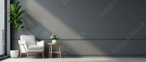Modern cozy armchair interior design home living room or color wall furniture decor. Stylish trendy minimal chair and table with house decoration luxury contemporary background. Furniture store ads . © Art AI Gallery