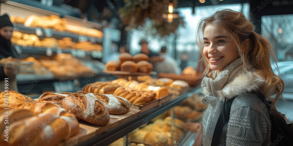 Happy and smiling people, buying bread at the supermarket bakery