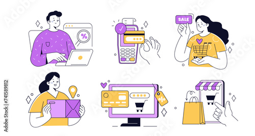 Online shopping and delivery. Concept outline illustrations set. Characters buying goods, paying with card, receiving a parcel. Vector illustration.