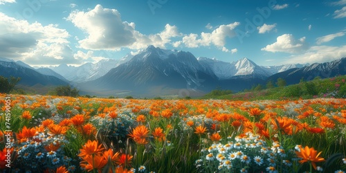 Flower in the field, the mountain is the background