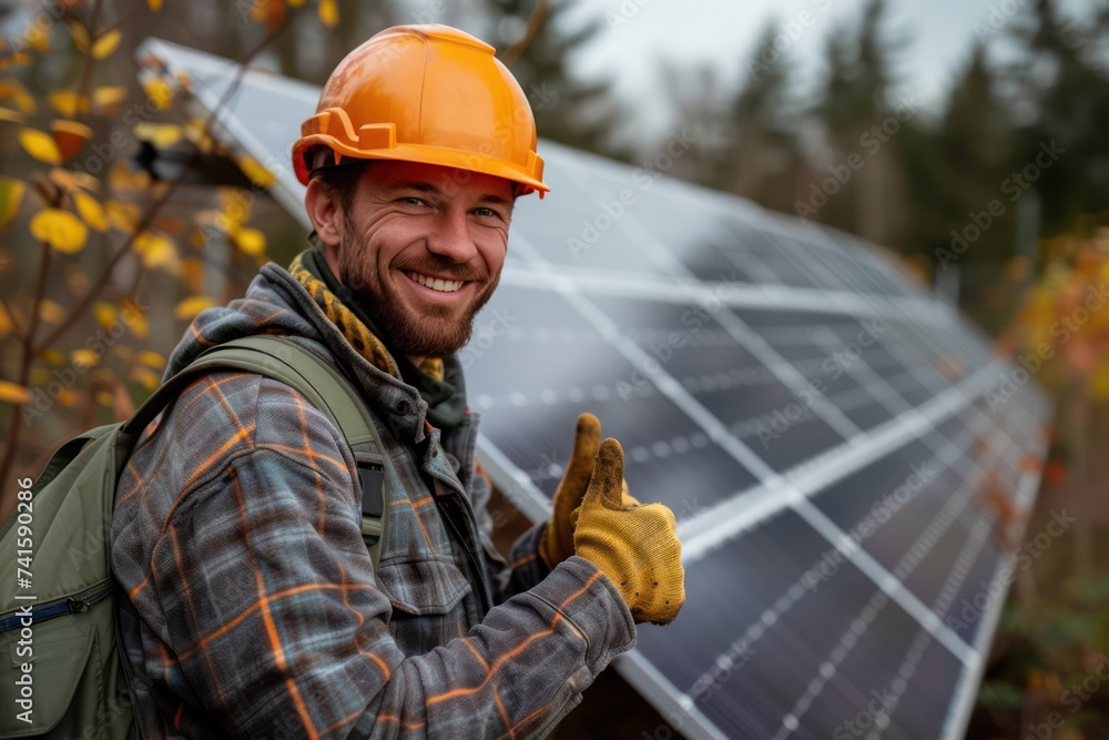Obraz premium Smart happy Electric Engineer putting thumbs up, look at camera a new solar panel in the field is background