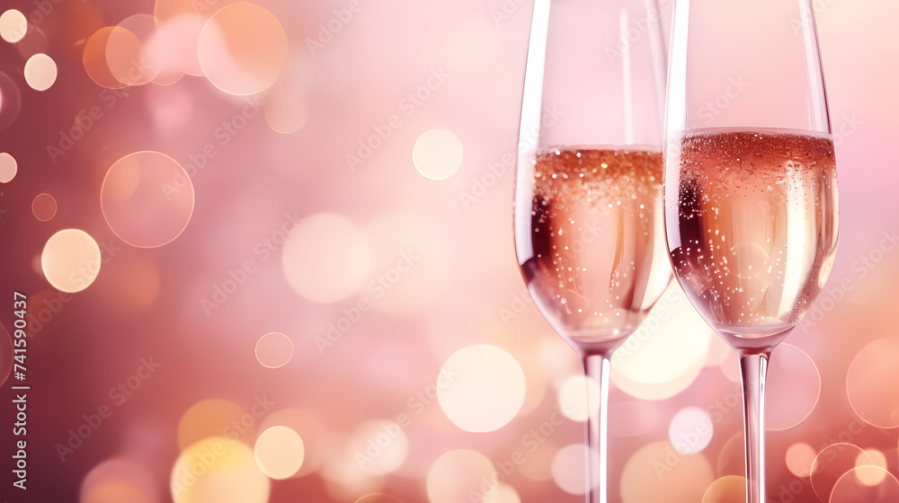 Champagne glass with bubbles standing against blurred cool bokeh background Champagne glass with bubbles standing against blurred cool bokeh background