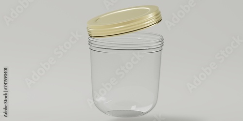 Blank glass jar mockup, 3d rendering. Empty canned or conservation utensil mock up, isolated. Clear glas vessel with Golden lid template. photo