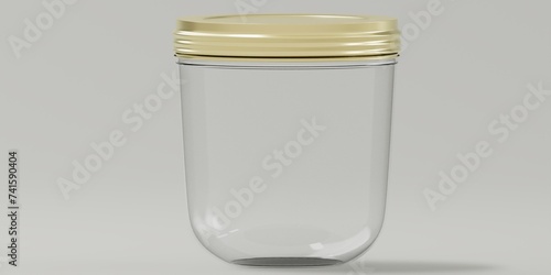 Blank glass jar mockup , 3d rendering. Empty canned or conservation utensil mock up, isolated. Clear glas vessel with Golden lid template. photo