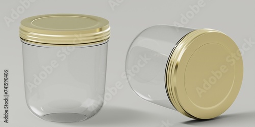 Blank glass jar mockup, 3d rendering. Empty canned or conservation utensil mock up, isolated. Clear glas vessel with Golden lid template. Two Jars photo