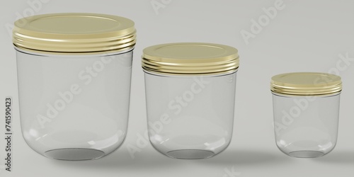 Blank glass jar mockup, 3d rendering. Empty canned or conservation utensil mock up, isolated. Clear glas vessel with Golden lid template. three Jars photo