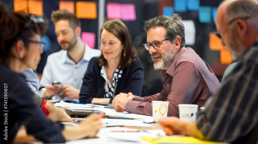 A diverse team of professionals engaged in a brainstorming session in a modern office environment.
