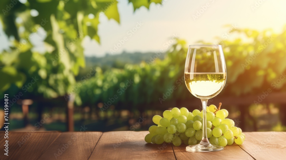 Serene Vineyard Experience With a Glass of White Wine at Sunset
