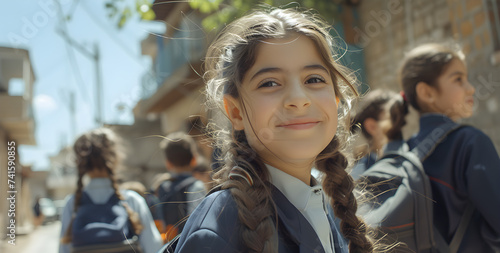 Latin schoolgirl in uniform and schoolchildren go to school on a sunny day