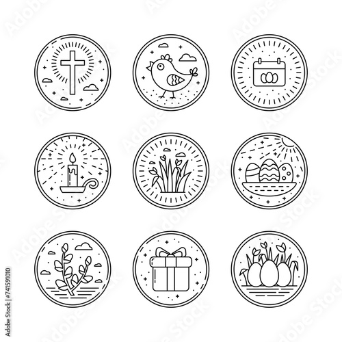 Set of linear Easter icons, cute symbols of Easter celebration with Christianity Cross and Rays, Flip Calendar, Grass with Spring Tulips, Pussy Willow with Clouds and Line Art Dots and Crosses