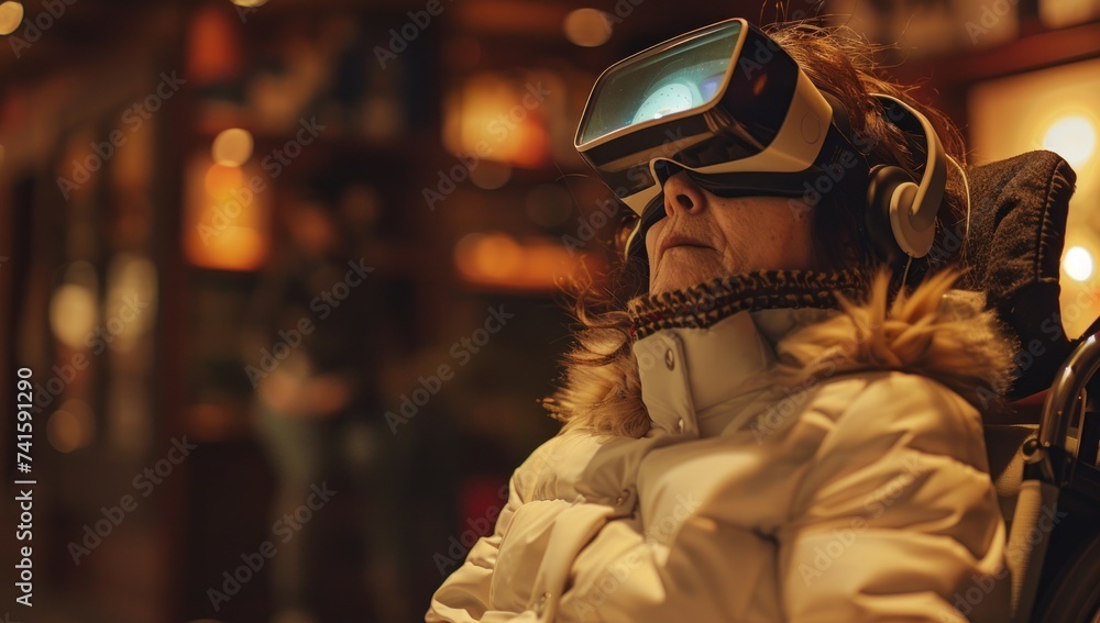 Technology and human spirit young woman resilient in face of disability sits in wheelchair world expanded beyond physical limits through lens of virtual reality donning VR headset